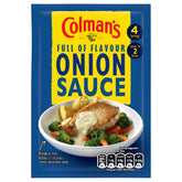 Colman's Onion Sauce 35g features a classic tangy onion flavour, ideal for meals with chicken, broccoli, carrots, and potatoes. Clear instructions and nutritional info are provided on the packet.